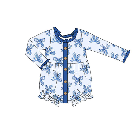 Preorder LR2073 Blue long-sleeved onesie with floral bow pattern lace