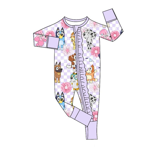 Preorder LR2075 bluey floral purple and white checkered zipper long-sleeved jumpsuit