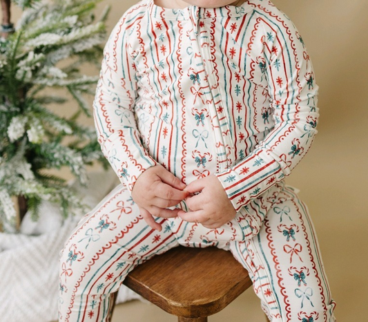 Preorder  LR2079 Christmas bow pattern striped white zip-up long-sleeved onesie