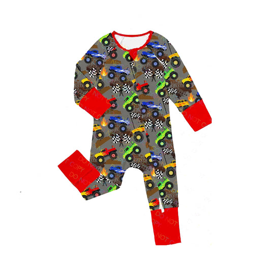 Preorder LR2082 Flag Truck Flame gray red zipper long sleeve onesie