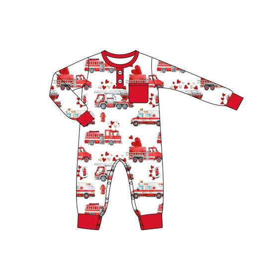 Preorder LR2091 Fire engine Ambulance engineering car Love red pocket long sleeve onesie