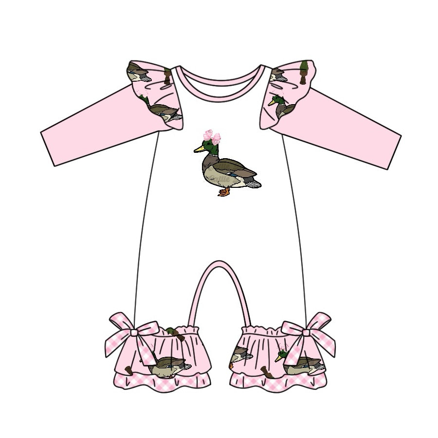 Preorder LR2100 Bow Duck Bottle checkered lace pink-and-white long-sleeved onesie