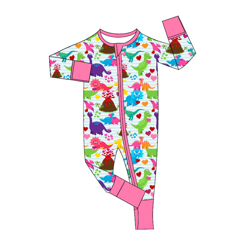 Preorder LR2110 Valentine's Day Love Dinosaur striped pink zipper long-sleeved onesie