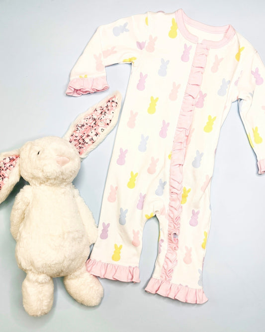 Preorder LR2114 Easter Colorful Bunny Lace pink-and-white zip-up long-sleeved onesie