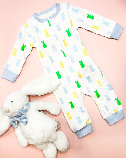 Preorder LR2115 Easter colorful Bunny blue and white zip-up long-sleeved onesie