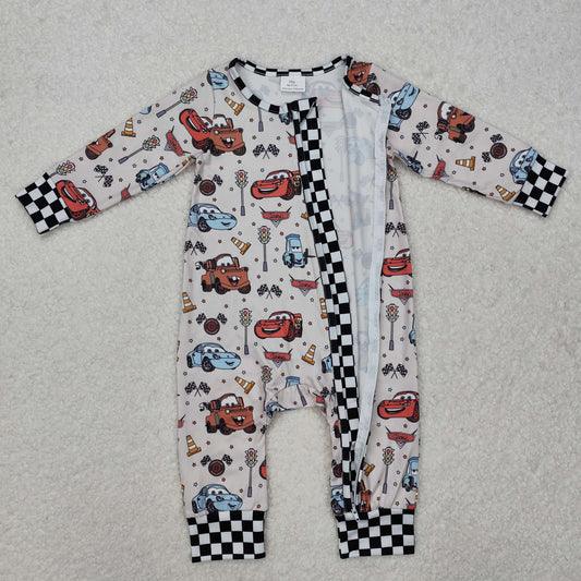 LR2160 Cars cartoon pattern Kids Clothing beige black zippy ruffled Short Sleeve boys boutique romper  RTS 202501