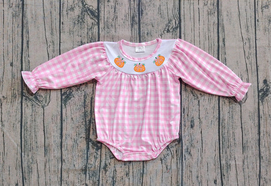 Preorder LR2181 Embroidered Pumpkin Bows Pink Long Sleeve Romper Smocked Baby Girls Romper 202503
