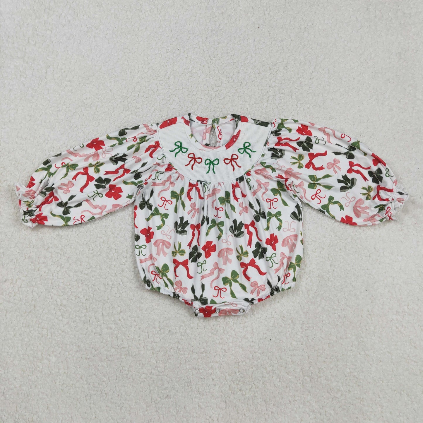 LR2185 Red Green Bows Merry Christmas Long Sleeve Smocked Girls Bubble Romper 202508 RTS