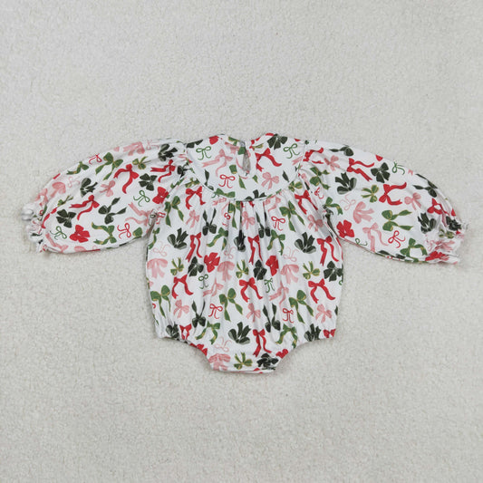 LR2185 Red Green Bows Merry Christmas Long Sleeve Smocked Girls Bubble Romper 202508 RTS