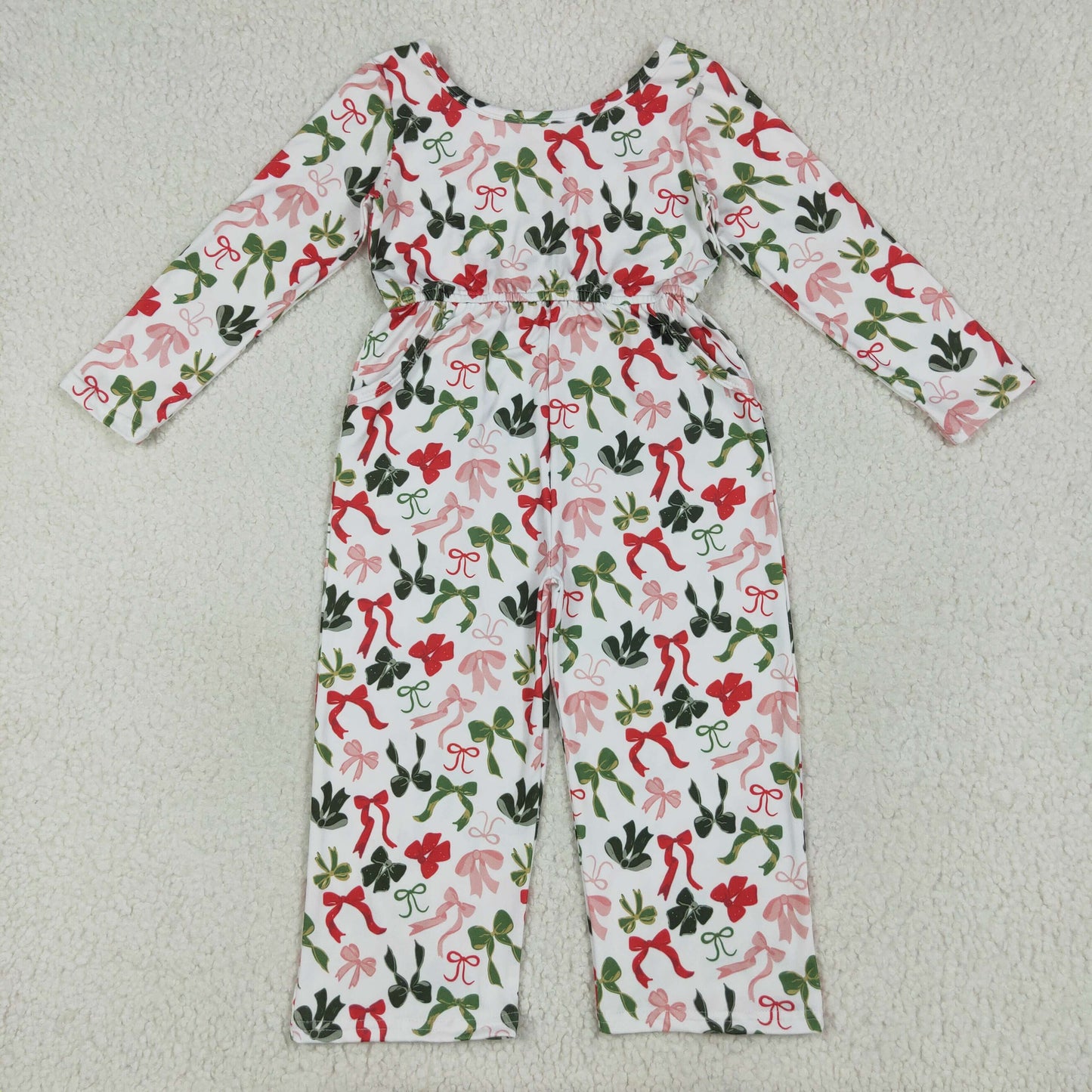 LR2192 Merry Christmas Red Green Bows Long Sleeve Overall Jumpsuits Girl Boutique Outfits 202506 RTS