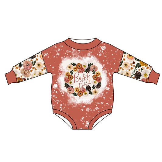 Preorder LR2193 Boss Girl Flower Brown Long Sleeve Romper Baby Girl Boutique Outfits 202505