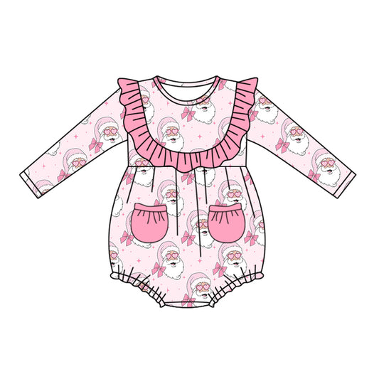 Preorder LR2195 Christmas Santa Claus Pink Ruffle Pocket Long Sleeve Romper Baby Girl Boutique Outfits 202505