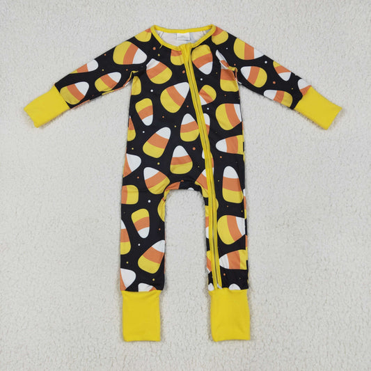 LR2198 Baby Boy Boutique Halloween Candy Black Zipper Long Sleeve Romper RTS US Local Warehouse