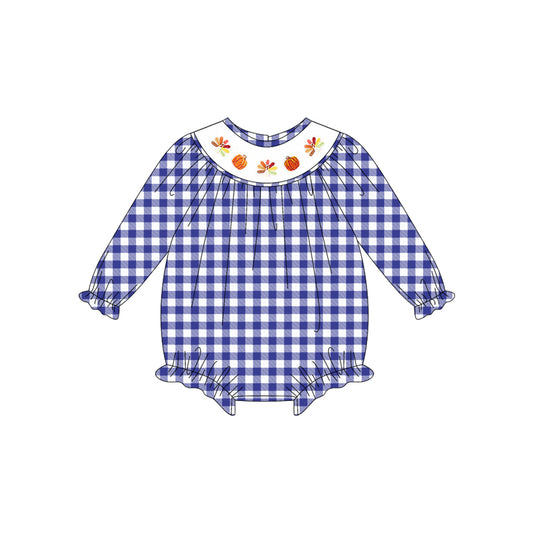 Preorder LR2204-Smocked Turkey Pumpkin Blue White Plaid Long Sleeve Romper Baby Girl Boutique Outfits 202505
