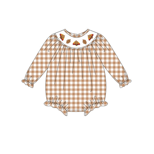 Preorder LR2205 -Smocked Turkey Leaf Brown White Plaid Long Sleeve Romper Baby Girl Boutique Outfits 202505