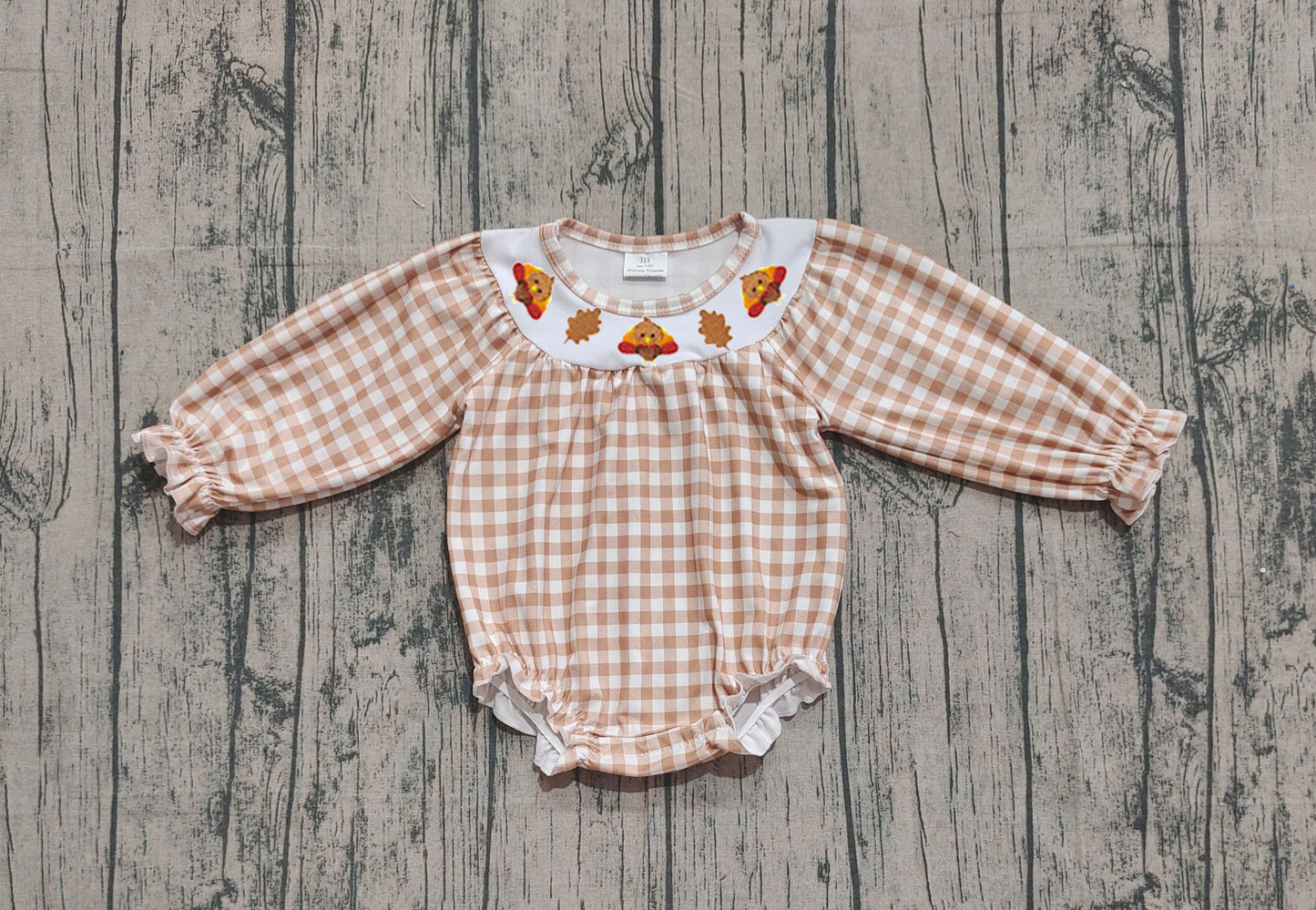 LR2205 -Smocked Turkey Leaf Brown White Plaid Long Sleeve Girls Bubble Romper 202510 RTS