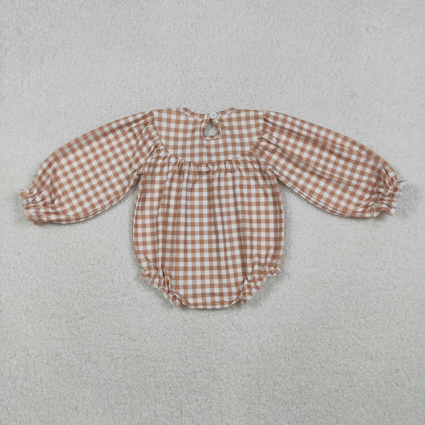 LR2205 -Smocked Turkey Leaf Brown White Plaid Long Sleeve Girls Bubble Romper 202510 RTS