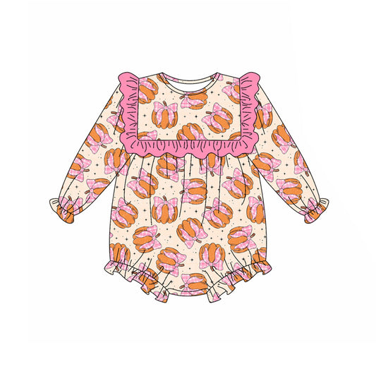 Preorder LR2211 Pumpkin Bows Pink Ruffle Long-sleeved Romper Baby Girl Boutique Outfits 202505
