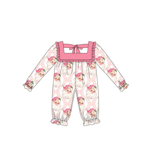 Preorder LR2212 Santa Claus Plaid Bows Pink Ruffle Long-sleeved Romper Baby Girl Boutique Outfits 202505