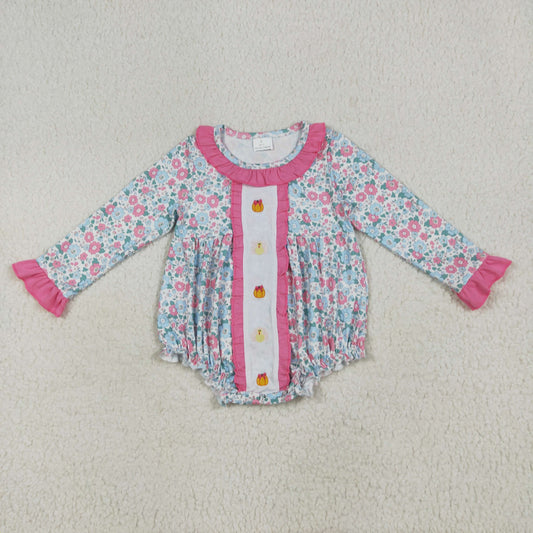 LR2219 Embroidered Floral Pumpkin Turkey Bows Pink Ruffle Long-sleeved Romper Baby Girl Boutique Outfits 202506 RTS