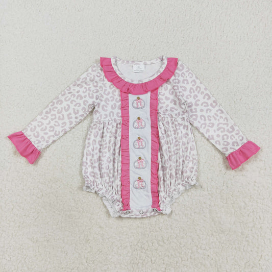 LR2220 Embroidered Leopard Pumpkin Rose Red Ruffle Long-Sleeved Girls Bubble Romper 202508 RTS