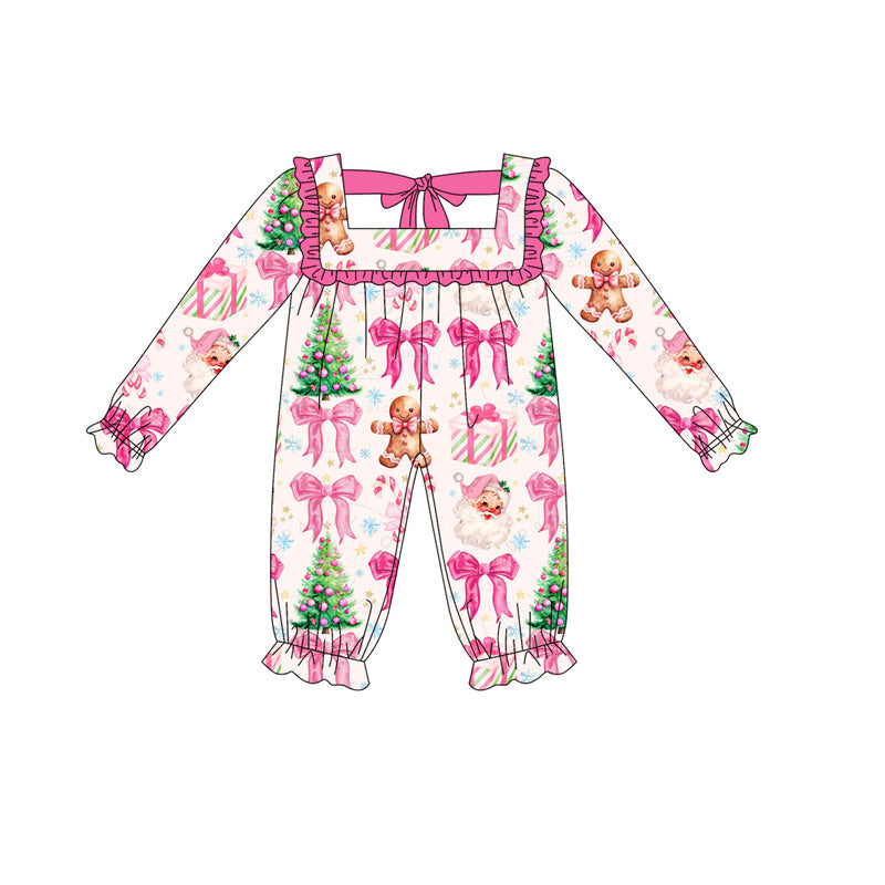 Preorder LR2221 Gingerbread Man Santa Gift  Bows Red Ruffle Long-sleeved Romper Baby Girl Boutique Outfits 202505
