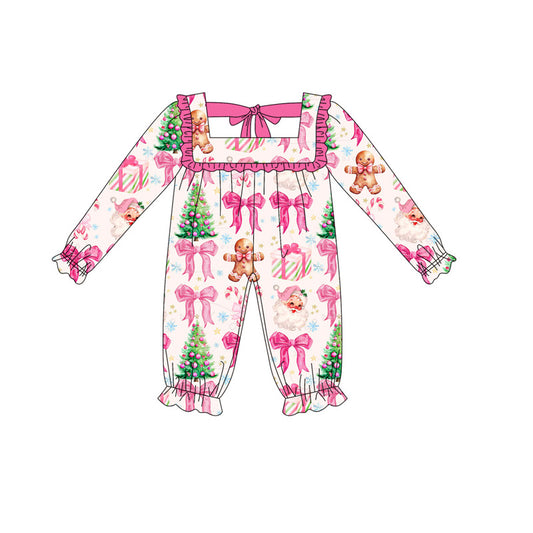 Preorder LR2221 Gingerbread Man Santa Gift  Bows Red Ruffle Long-sleeved Romper Baby Girl Boutique Outfits 202505