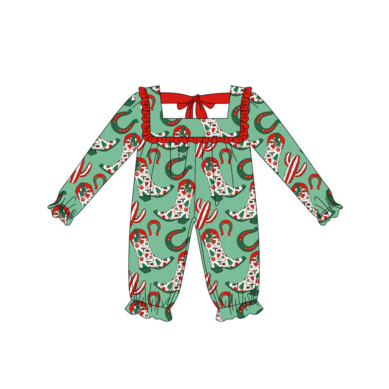 Preorder LR2222 Santa Gift Boots Red Ruffle Long-sleeved Romper Baby Girl Boutique Outfits 202505