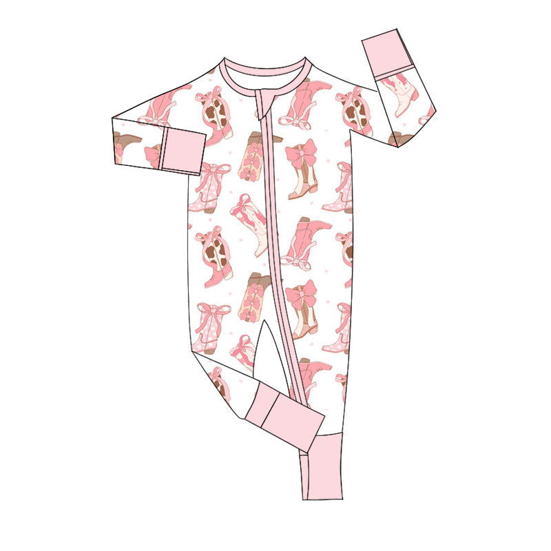 Preorder LR2225 Boots Bows Plaid Pink Zippy Long-sleeved Romper Baby Girl Boutique Outfits 202505