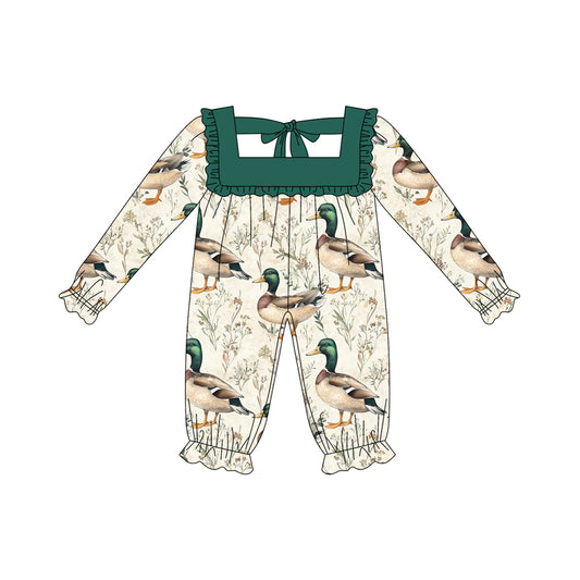 Preorder LR2227 Duck Hunting Green Ruffle Tie Long-sleeved Romper Baby Girls Boutique Outfits 202505
