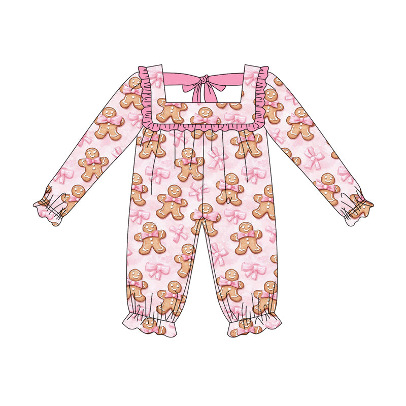 Preorder LR2230 Gingerbread Man Bow Pink Ruffle Tie Long-sleeved Romper Baby Girls Boutique Outfits 202505