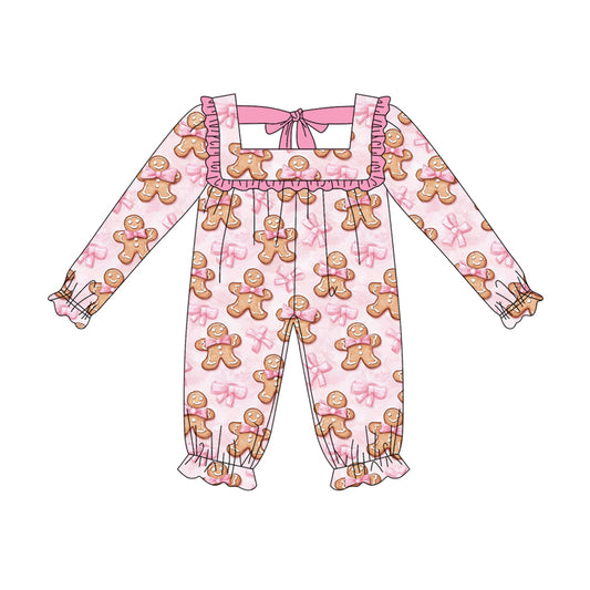 Preorder LR2230 Gingerbread Man Bow Pink Ruffle Tie Long-sleeved Romper Baby Girls Boutique Outfits 202505