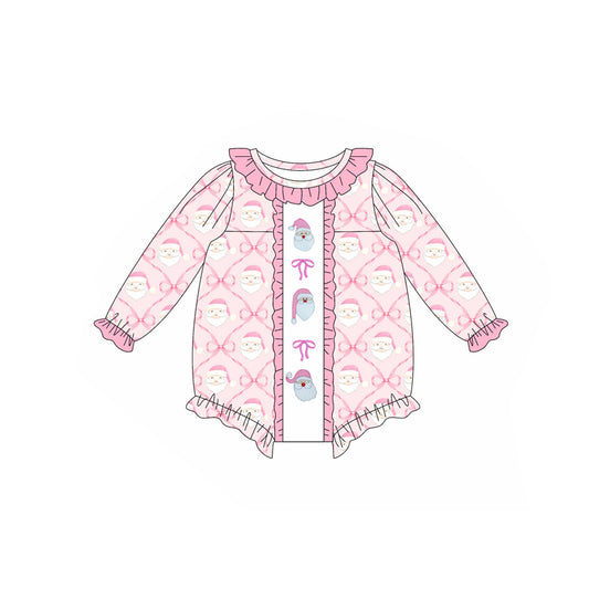 Preorder LR2231 Santa Claus Bow Pink Ruffle Long-sleeved Romper Baby Girls Boutique Outfits 202505