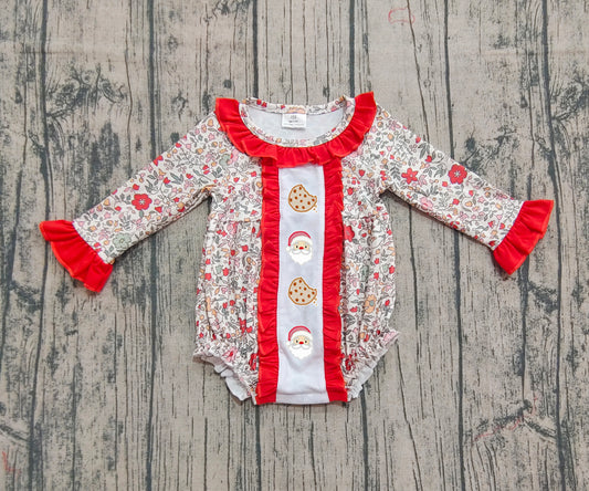 LR2232 Embroidered Cookies Santa Claus Flowers Leaves Red Ruffle Long-sleeved Girls  Bubble Romper 202509 RTS