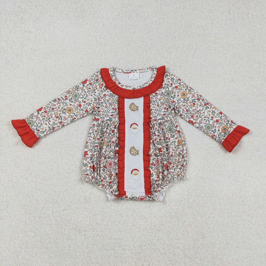 LR2232 Embroidered Cookies Santa Claus Flowers Leaves Red Ruffle Long-sleeved Girls  Bubble Romper 202509 RTS