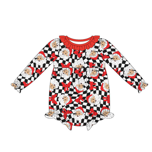 Preorder LR2236 Santa Claus Bow Pattern Red Ruffle Black White Plaid Long Sleeve Romper Baby Girls Boutique Outfits 202505