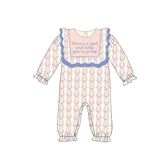 Preorder LR2240 God Baby Proof Letter Bows Pink Ruffle Long Sleeve Romper Baby Girls Boutique Outfits 202505