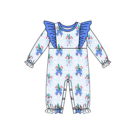 Preorder LR2241 Christmas Cane Blue Bow Ruffle Long Sleeve Romper Baby Girls Boutique Outfits 202505