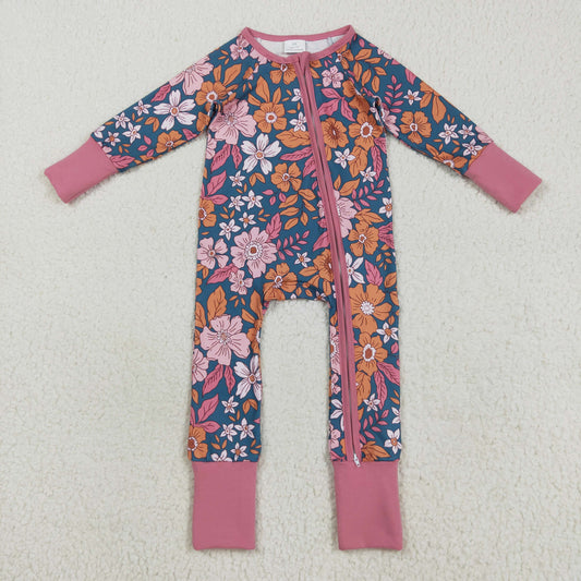 LR2244 Flower Leaf Pink Green Zippy Long Sleeve Girls Romper 202508 RTS