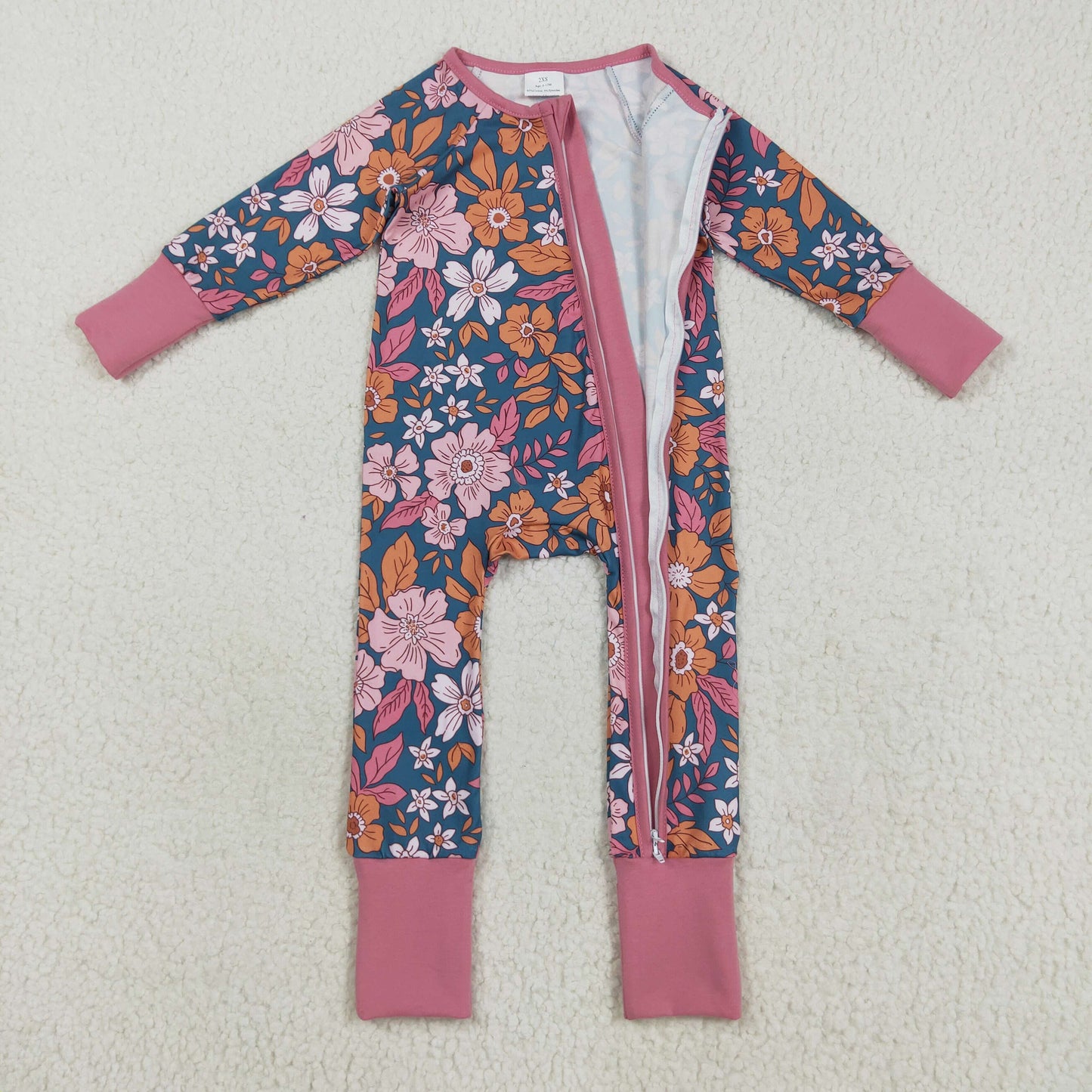LR2244 Flower Leaf Pink Green Zippy Long Sleeve Girls Romper 202508 RTS
