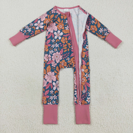 LR2244 Flower Leaf Pink Green Zippy Long Sleeve Girls Romper 202508 RTS