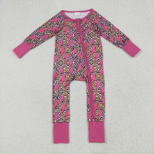 LR2250 Rose Red Lightning Leopard Print Zipper Long Sleeve Romper Baby Girls Boutique Outfits 202506 RTS