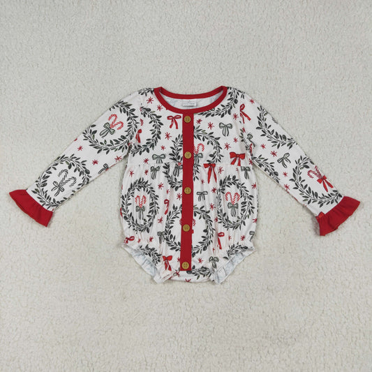LR2252 Christmas Wreath Bow Red Ruffle Button Long Sleeve Romper Baby Girls Boutique Outfits 202507 RTS