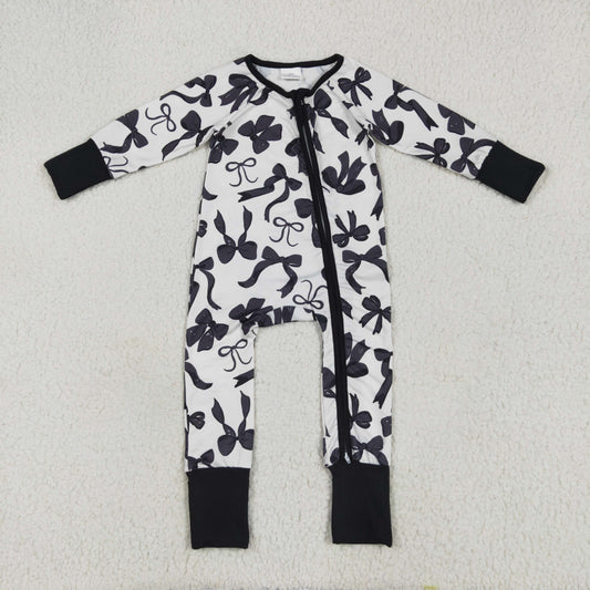 LR2253 Black Bows Beige Zipper Long Sleeve Romper Baby Girls Boutique RTS US Local Warehouse