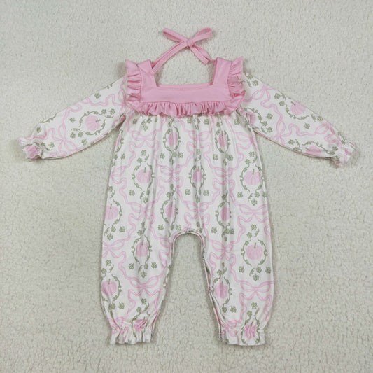 LR2255 Pumpkin Leaf Bow Pink Ruffle Strap Long Sleeve Romper Girls 202507 RTS