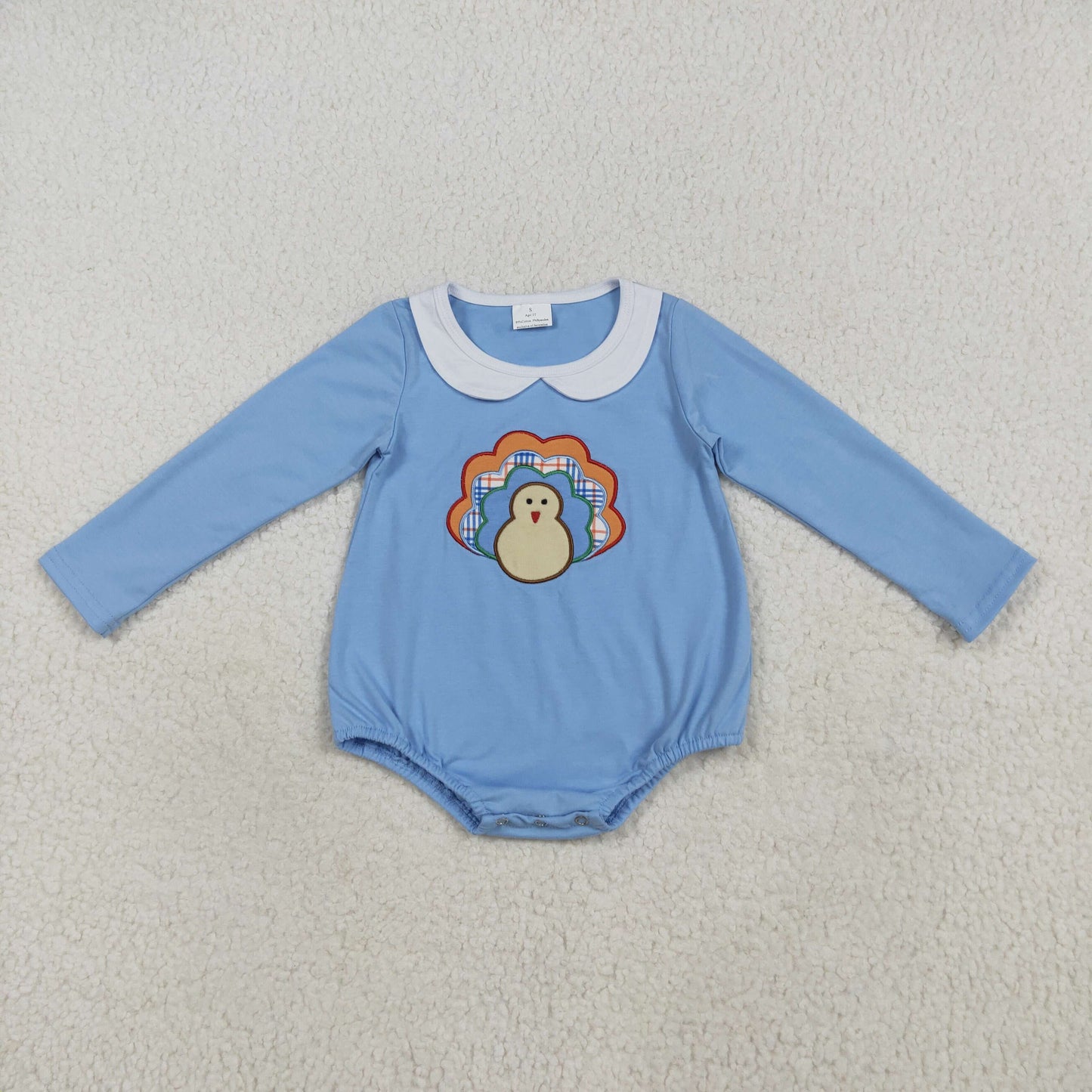 LR2261 Embroidered Turkey Doll Collar Blue Long Sleeve Girls Bubble Romper 202507 RTS