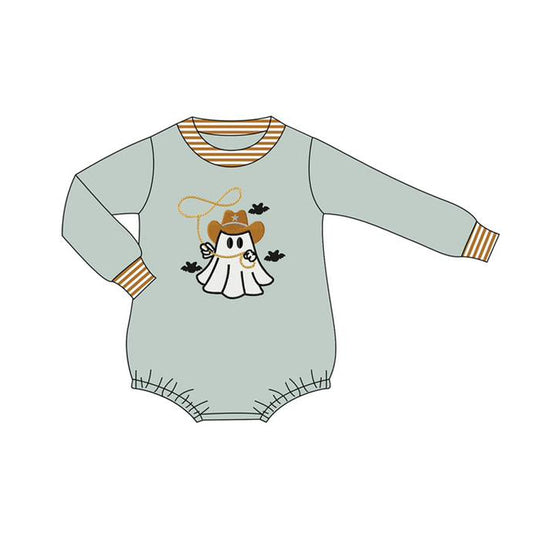 Preorder LR2263 Halloween Cowboy Hat Ghost Green Long Sleeve Romper Baby Girls Boutique Outfits 202505