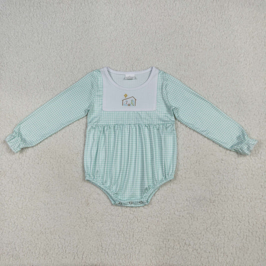LR2265 Embroidered Christmas Jesus Green Plaid Long Sleeve Romper Baby Girls Boutique Outfits 202507 RTS