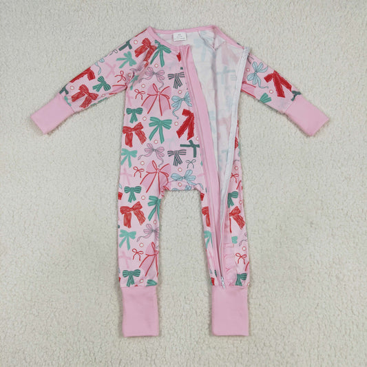 LR2266 Christmas Red Green Bows Pink Ruffle Long Sleeve Romper Baby Girls Boutique Outfits 202506 RTS