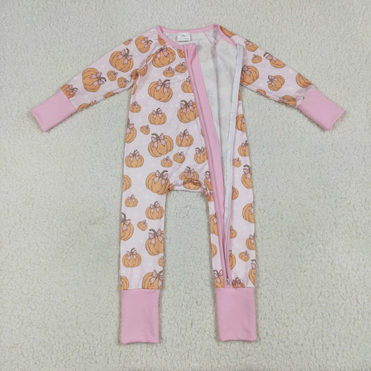 LR2271 Girls Boutique  Pumpkin Bows Pink Zippy Long Sleeve Romper 202507 RTS